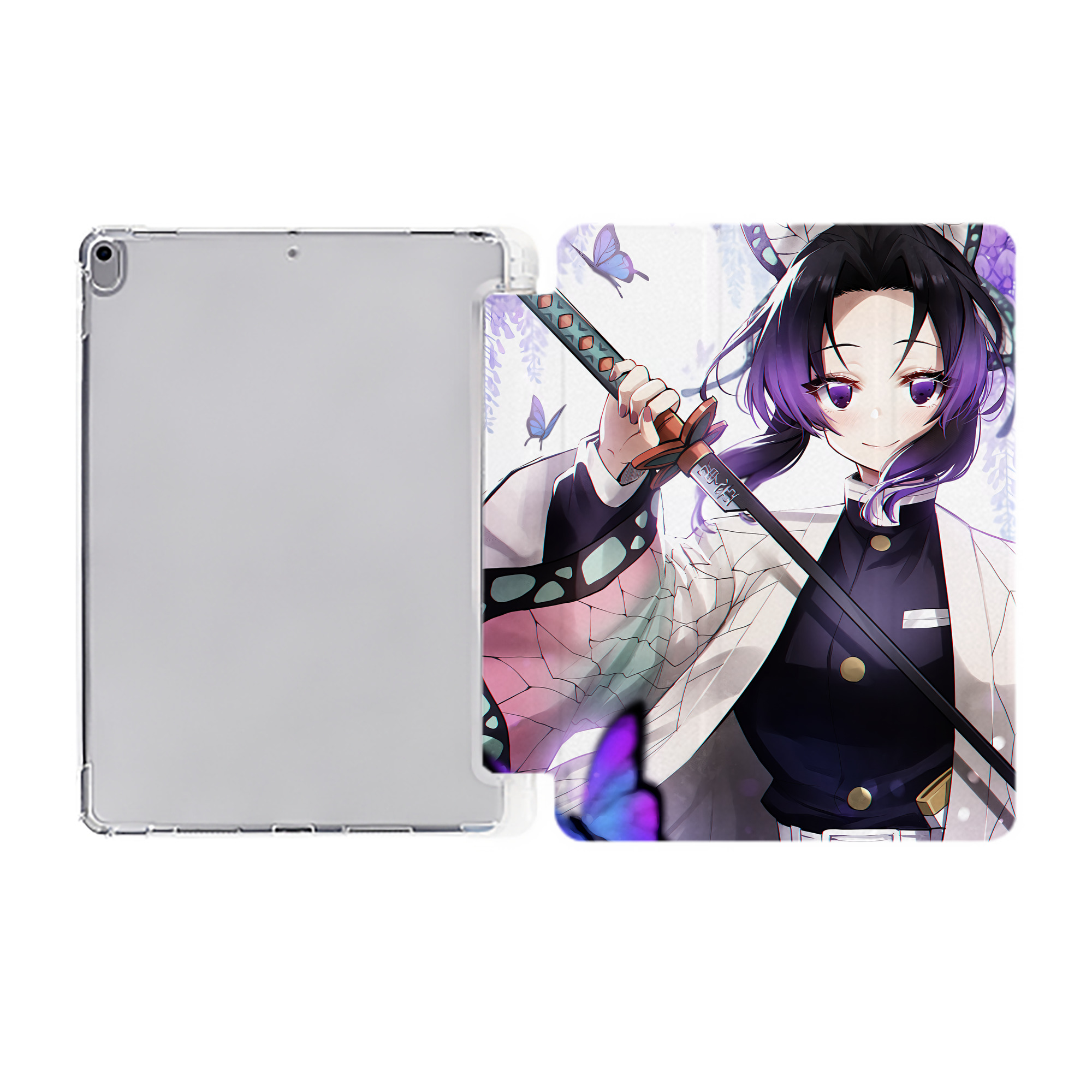 （画像用） 鬼滅の刃（きめつのやいば）蟲柱-胡蝶 しのぶ／こちょう しのぶ Kochou Shinobu IPad ケース ペン収納付き 三つ折りスタンド PUレザー×シリコン 対応機種9.5/10.5/10.9インチ
